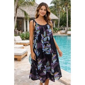 Cynthia Rowley Silk Maxi Dress M Black Floral Shoulder Tie Boho Resort Luxury